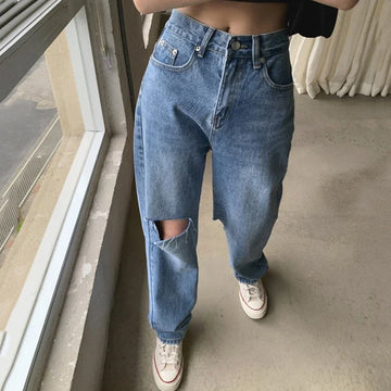 MQTIME  -  New Summer Women High Waist Straight Jeans Street Style Casual Ripped Hole Jeans Female Blue Washed Loose Pop Denim Pants